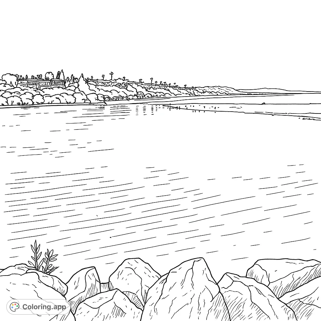 Explore a serene coastal estuary with a sandy beach, distant town, and calm waters. This free printable coastal estuary coloring page offers a relaxing experience.