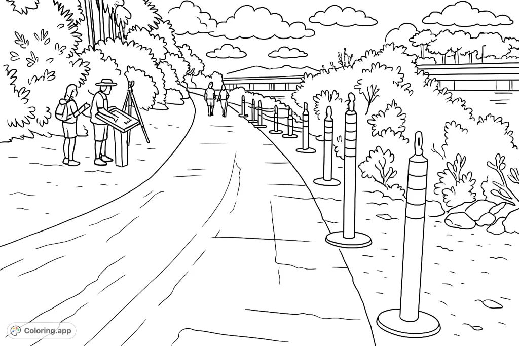 Explore a scenic pathway with surveying activity, a tranquil waterway, and a distant bridge. Perfect for a relaxing outdoor-themed coloring page.