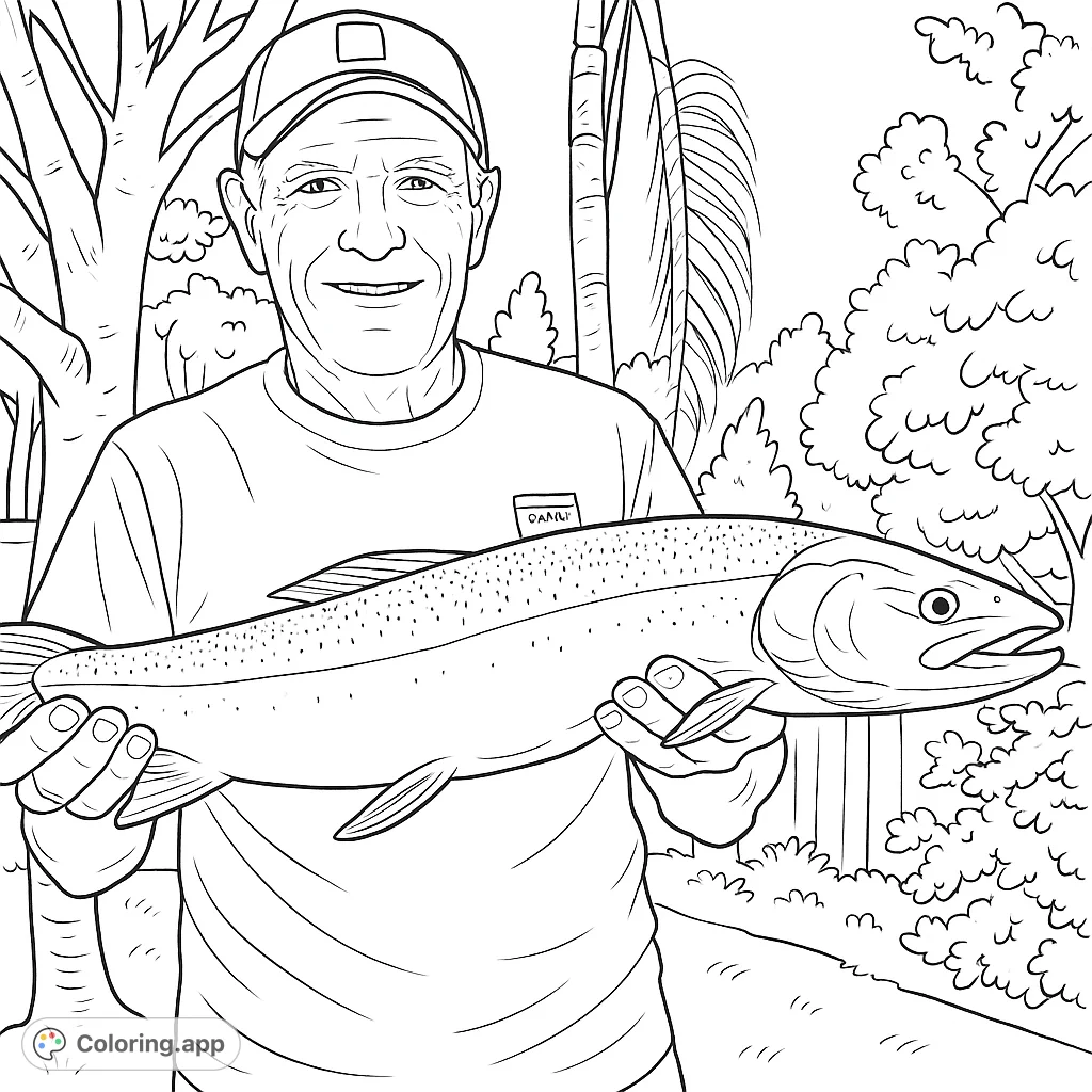 A proud angler displays his impressive catch, a large fish held with both hands, set against an outdoor backdrop. A rewarding fishing coloring page.
