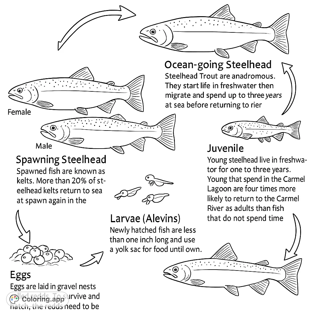 Explore the fascinating steelhead trout life cycle, from eggs to adult fish, in this detailed and educational coloring page.