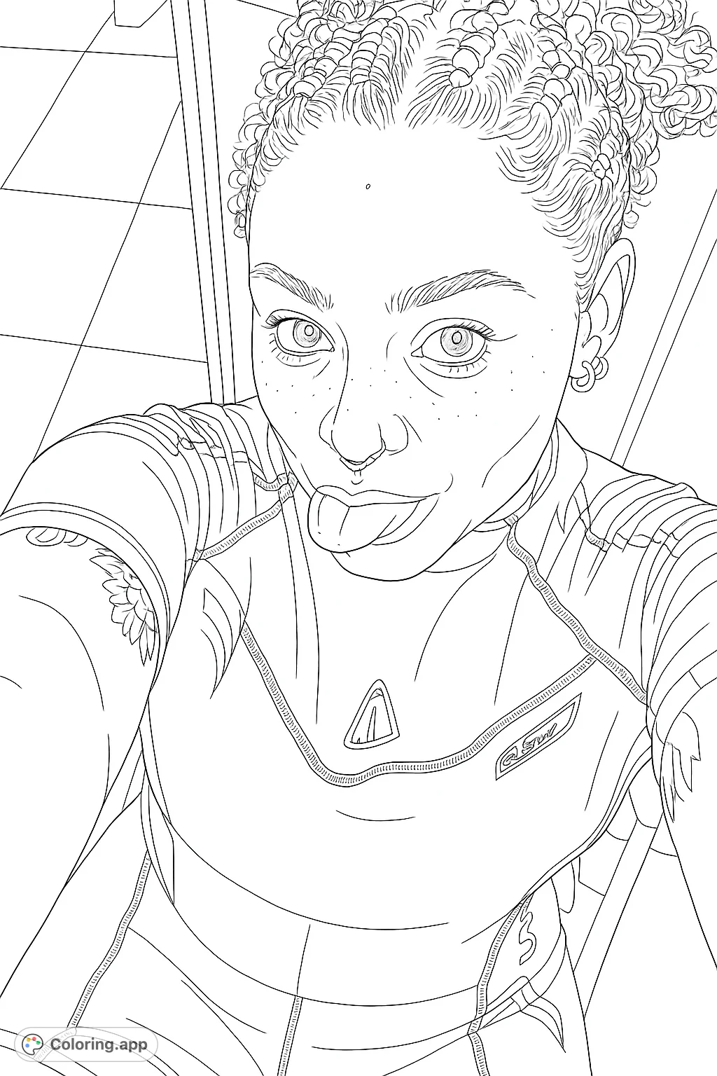 Capture a playful moment with this unique wetsuit portrait. Featuring a person with a fun expression, intricate tattoos, and detailed gear, it's a cool coloring challenge.