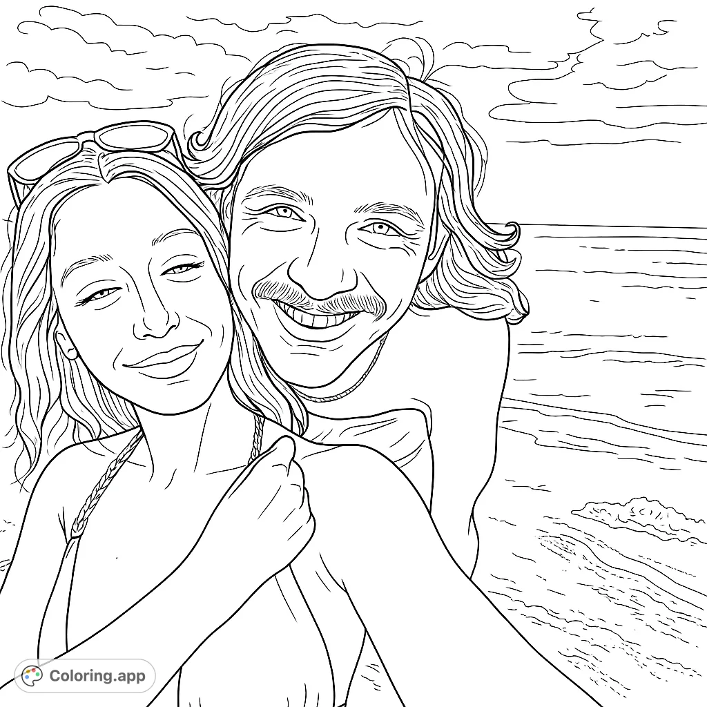 A joyful couple captures a moment on a sandy beach, with calm waters and a cloudy sky. Personalize this romantic beach couple coloring page with your favorite hues.