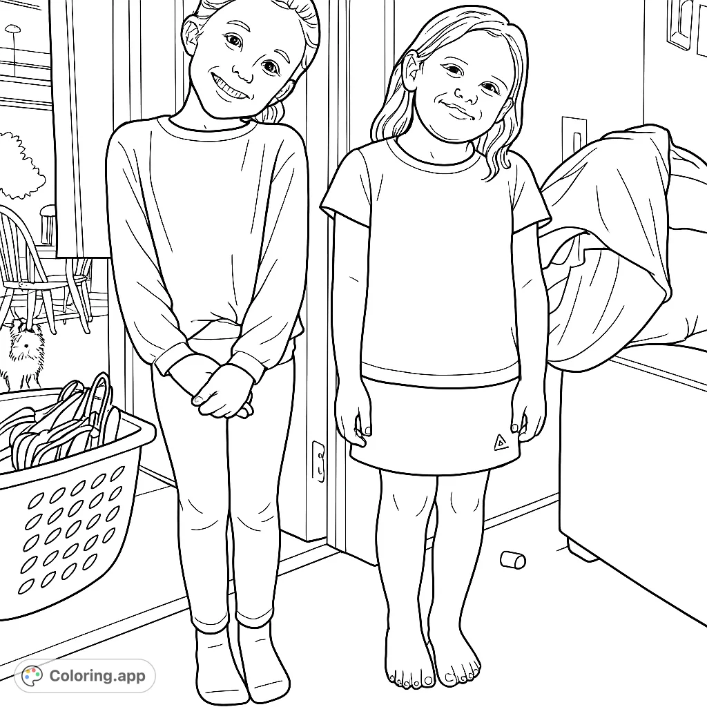 A heartwarming coloring page featuring two cheerful girls standing together in a cozy indoor setting, perfect for young artists to personalize.
