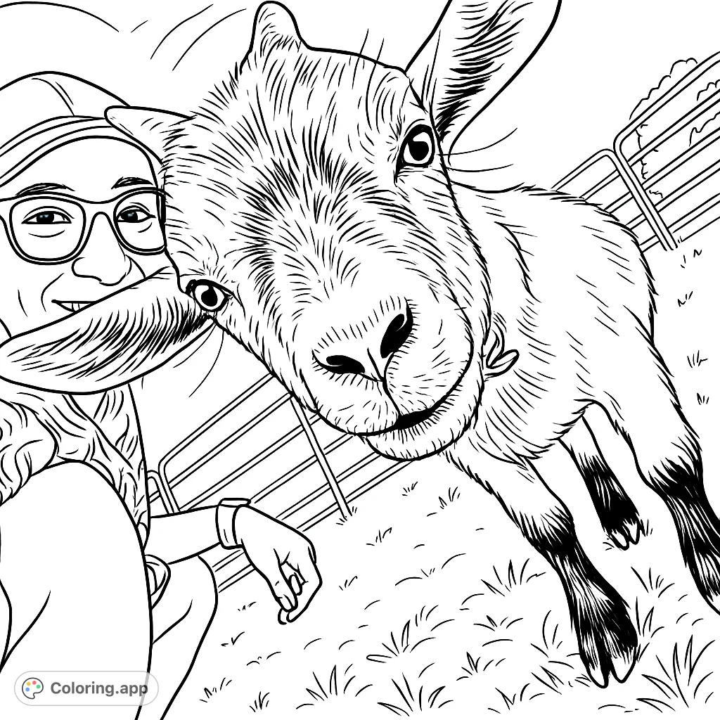 A charming close-up of a friendly goat interacting with a person in a sunny field. Perfect for animal lovers and farm-themed coloring fun.