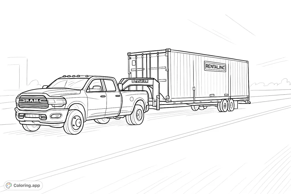 A detailed coloring page featuring a powerful pickup truck towing a large shipping container on a trailer, driving on a road with distant city buildings.