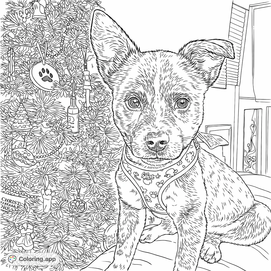 A charming puppy sits attentively in front of a festive tree adorned with various ornaments and lights, ready for creative coloring fun.