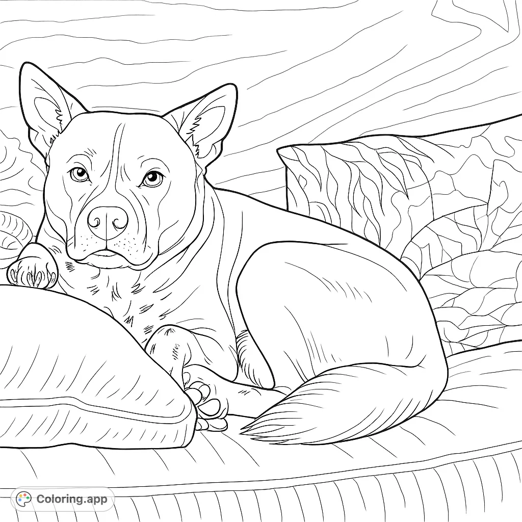 A charming dog relaxes on a soft couch, head on a pillow, surrounded by cozy textures. This free printable dog coloring page is perfect for pet lovers.