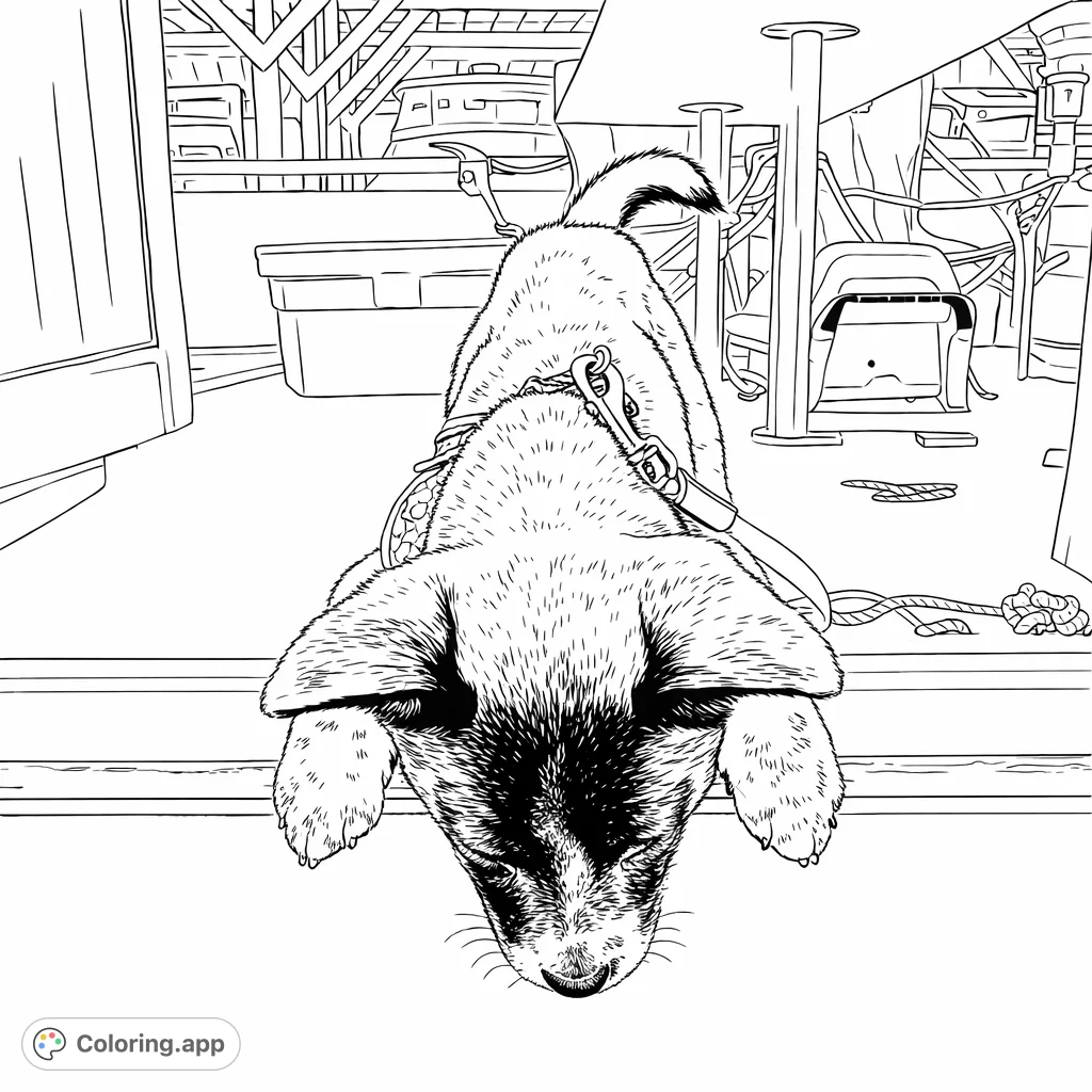 A charming puppy explores its surroundings, peeking over a wooden railing on a boat deck. Perfect for animal lovers of all ages to color and enjoy.