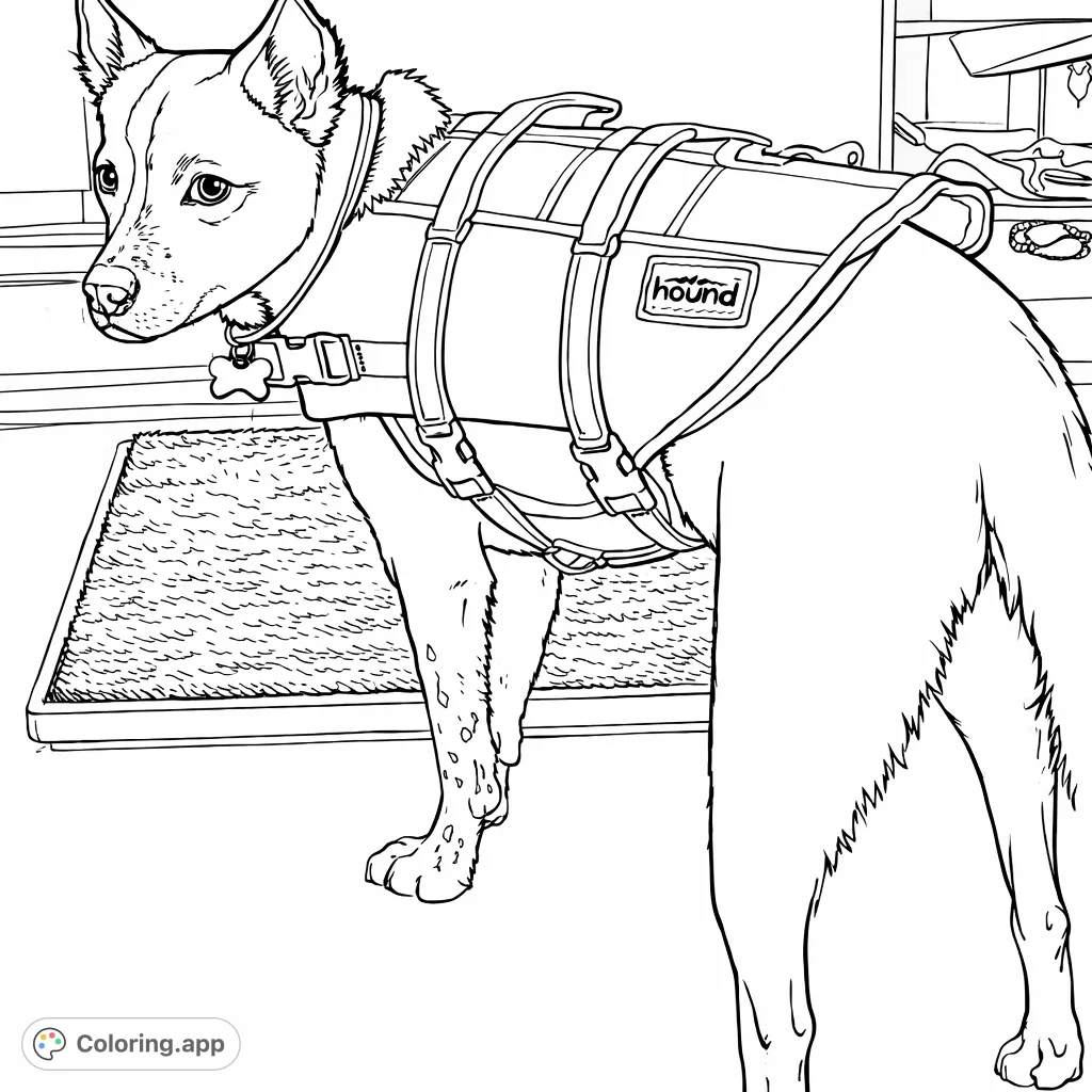 A friendly canine sports a life vest, ready for adventure. This dog coloring page captures a charming moment, perfect for animal lovers and creative minds.