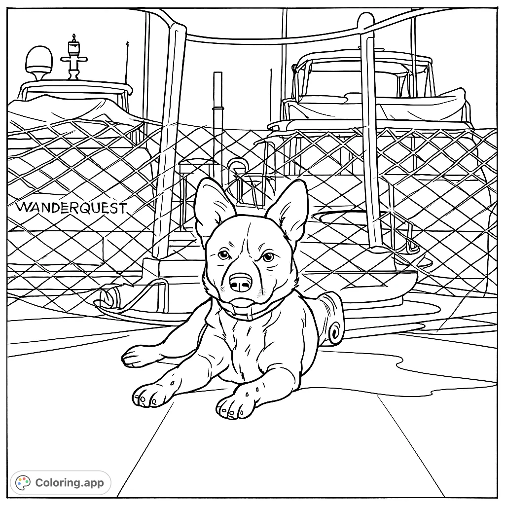 A charming dog relaxes on a boat deck, surrounded by marina activity. Perfect for pet lovers and those who enjoy marine-themed scenes.