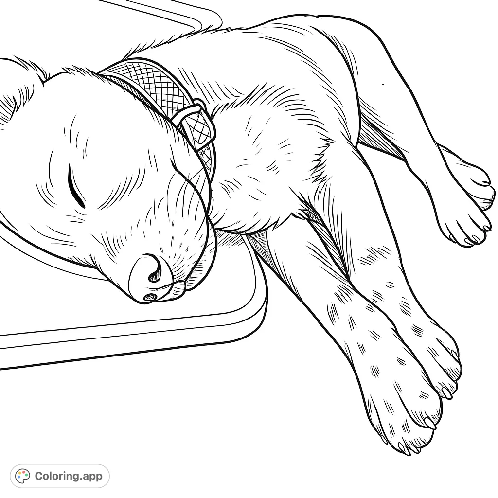 An adorable puppy peacefully napping, head resting on a bowl, with a patterned collar and spotted paws. A sweet scene for all ages.