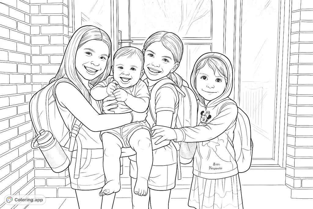 A heartwarming scene of four smiling sisters, including a joyful baby, posing together in front of a home, ready for a fun day.