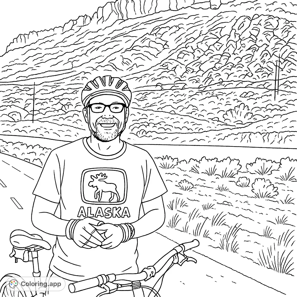 A smiling cyclist with an Alaska moose shirt stands by his bike on a mountain road. Perfect for outdoor adventure and travel enthusiasts.