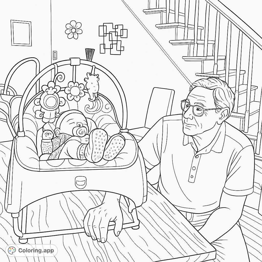 Capture a heartwarming moment with a baby in a bouncer and an adult observing. A sweet family scene perfect for all ages to color and cherish.