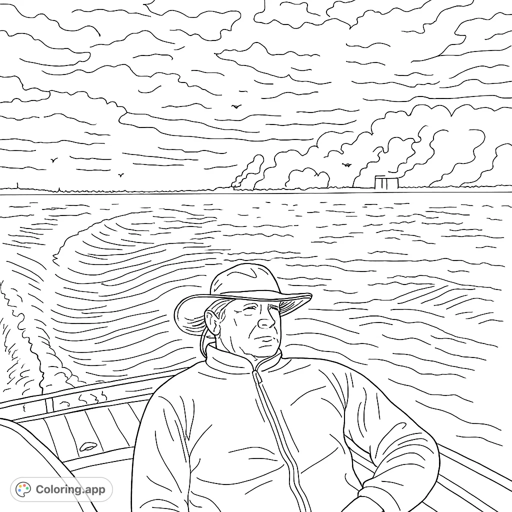 A serene boating adventure featuring a person in a hat, navigating choppy waters with a distant smoky horizon and a cloudy sky. Perfect for relaxation.