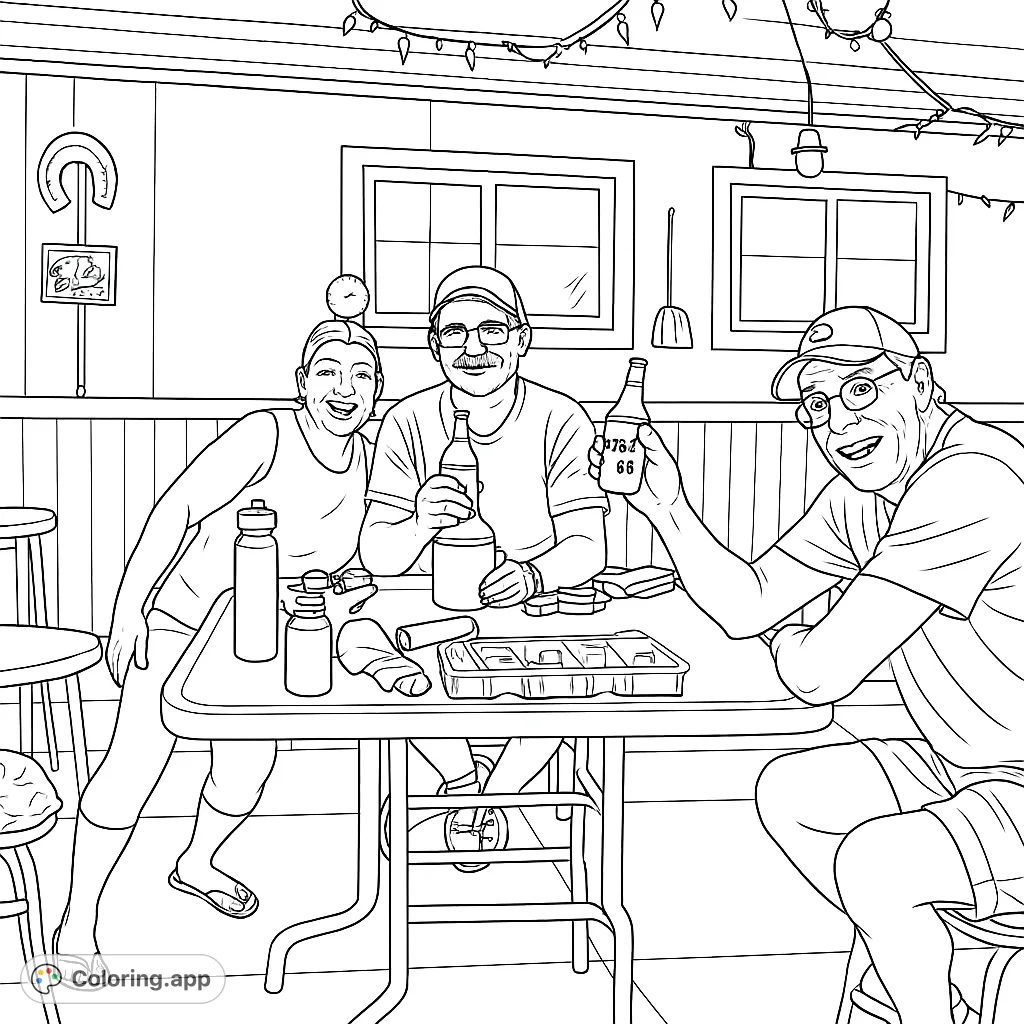 A lively scene featuring three friends gathered around a table filled with drinks and items, set against a patio backdrop with string lights.