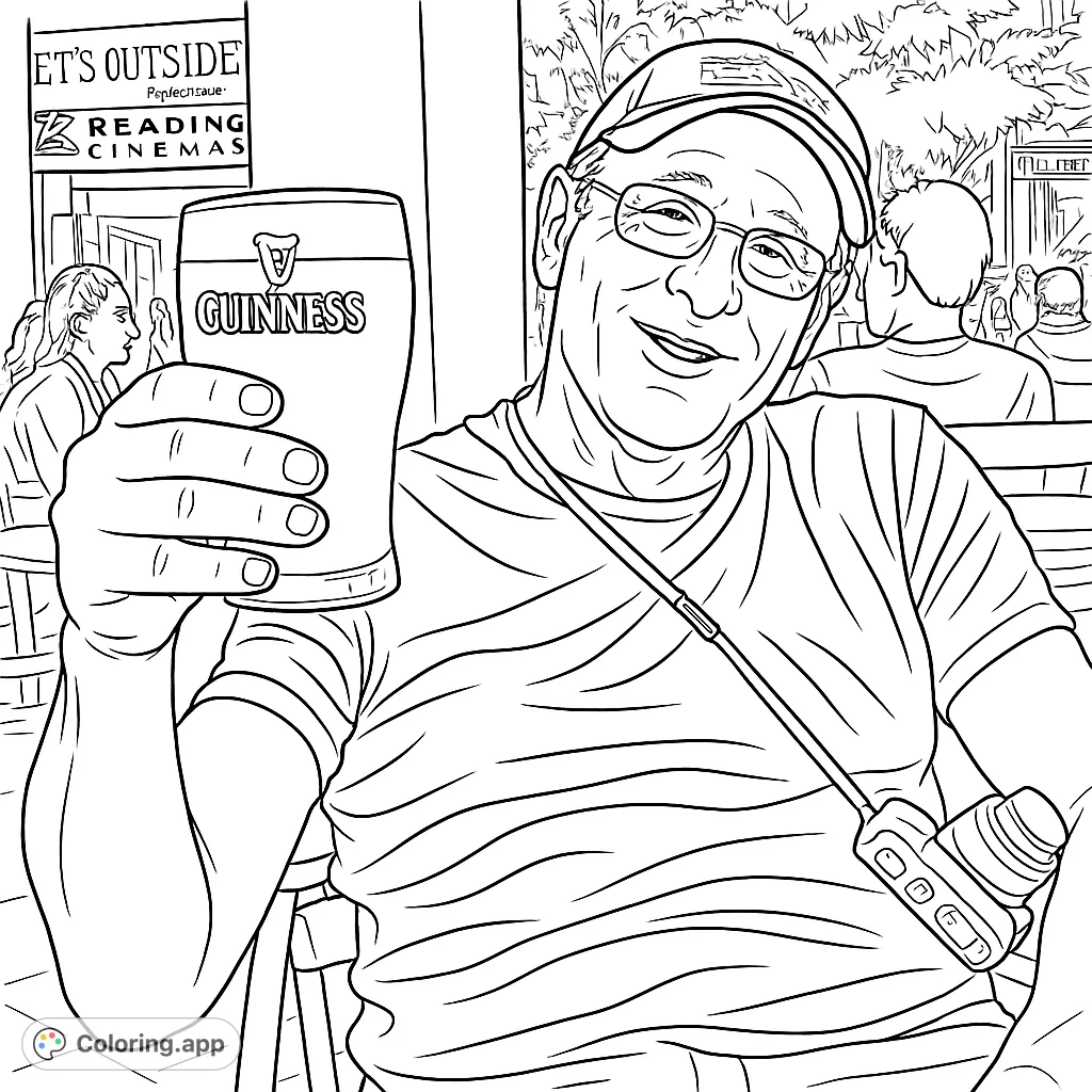 Capture a relaxed moment with a man holding a classic pint glass, complete with detailed text and foam. An inviting scene for adult colorists.