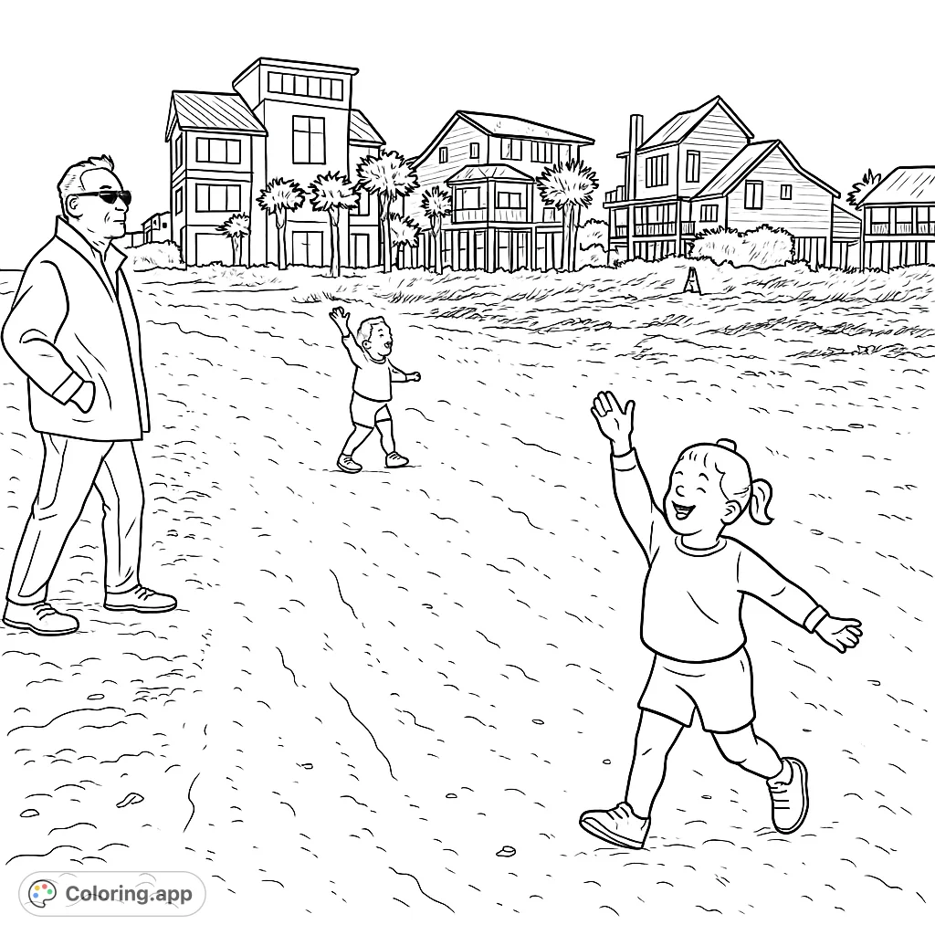 A heartwarming beach scene featuring a man and a child enjoying a coastal walk, with charming houses and palm trees in the background. Perfect for all ages.