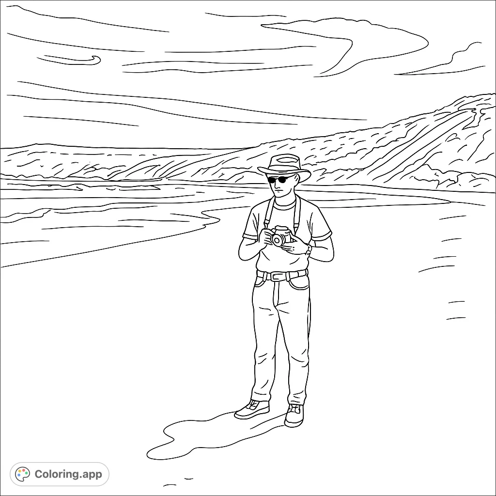 Explore a serene beach scene featuring a lone figure with a camera, vast ocean, and distant hills. A perfect escape for creative coloring.