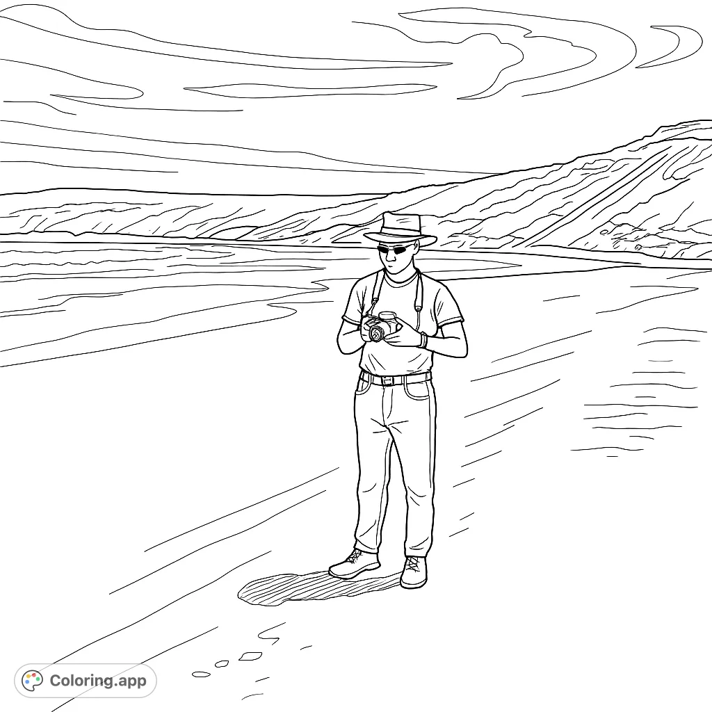 Explore a serene beach scene featuring a lone figure with a camera, vast ocean, and distant hills. A perfect escape for creative coloring.