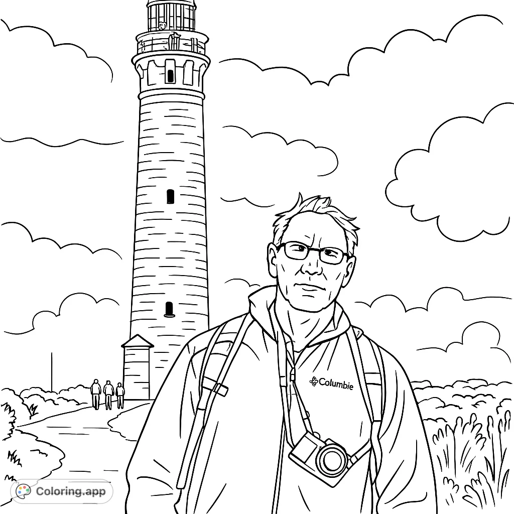Explore a majestic coastal lighthouse with a traveler in the foreground. A detailed scene perfect for architecture and travel enthusiasts.