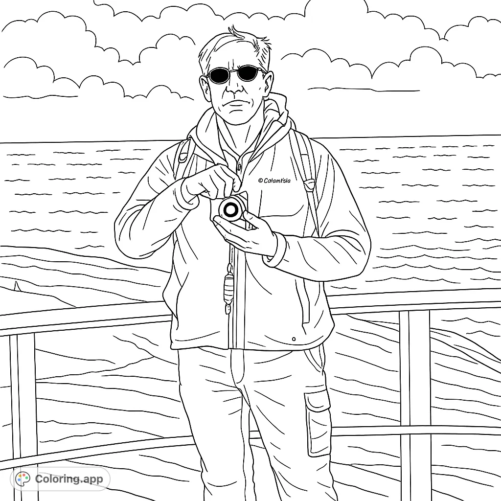 Capture the spirit of adventure with this coastal photographer coloring page. A man with a camera stands by the ocean, ready for exploration.