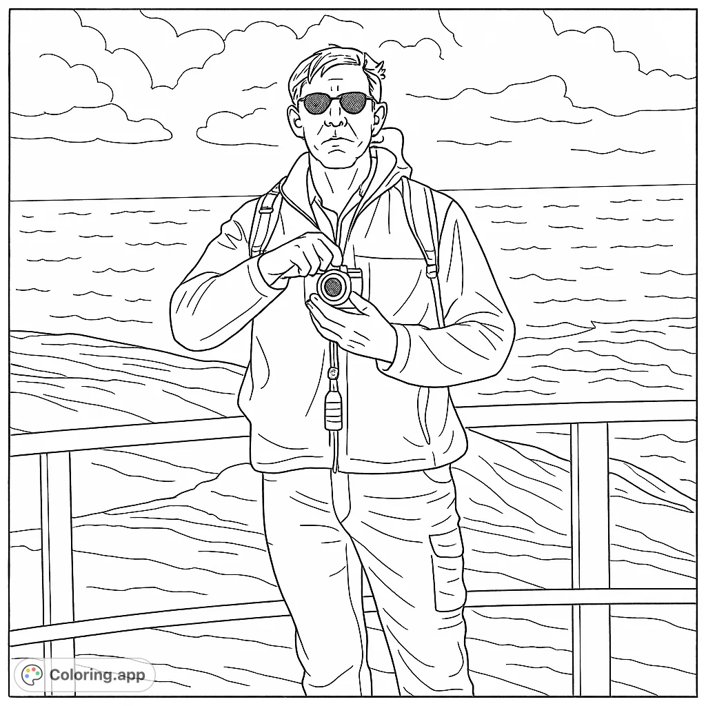 Capture the spirit of adventure with this coastal photographer coloring page. A man with a camera stands by the ocean, ready for exploration.
