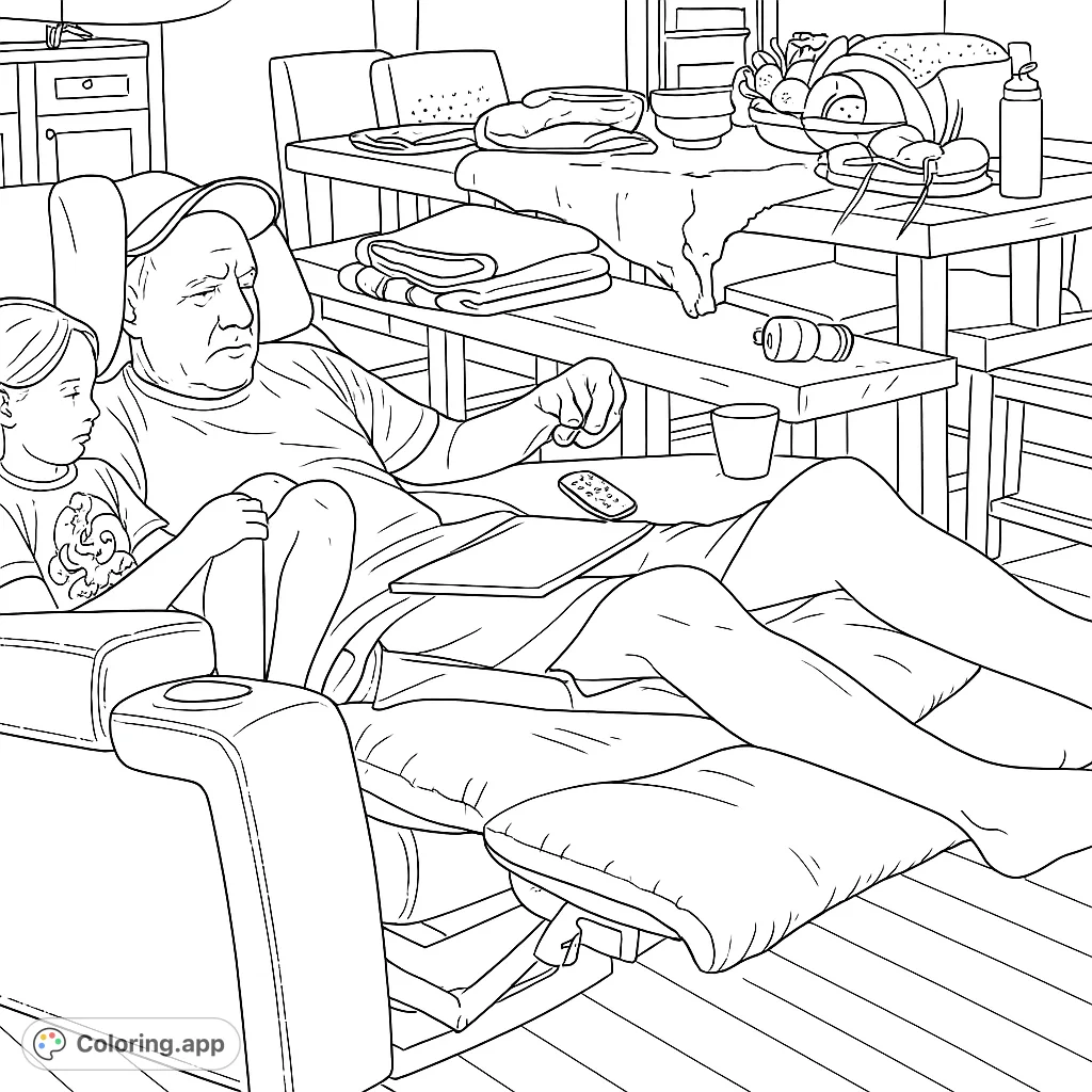 A heartwarming scene of an adult and child relaxing on a recliner, surrounded by everyday objects. Perfect for a cozy coloring session.