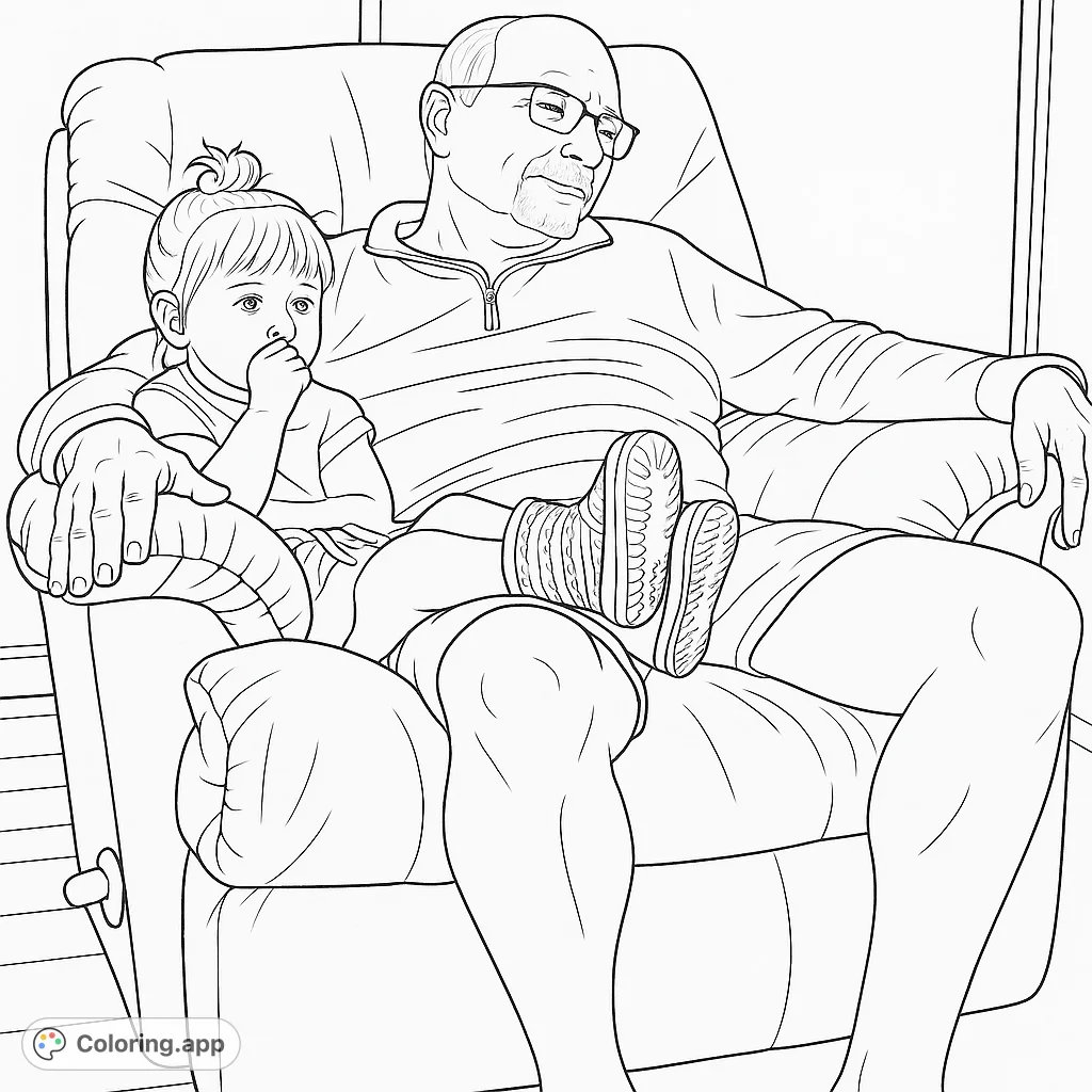 Capture a heartwarming scene of a grandparent and child sharing a cozy moment in a recliner. Perfect for family-themed coloring pages.