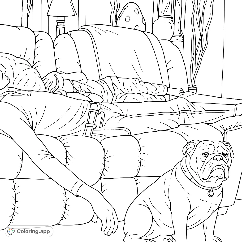 A heartwarming scene of a person and child napping on a sofa, watched over by a loyal bulldog. Perfect for a relaxing coloring experience.