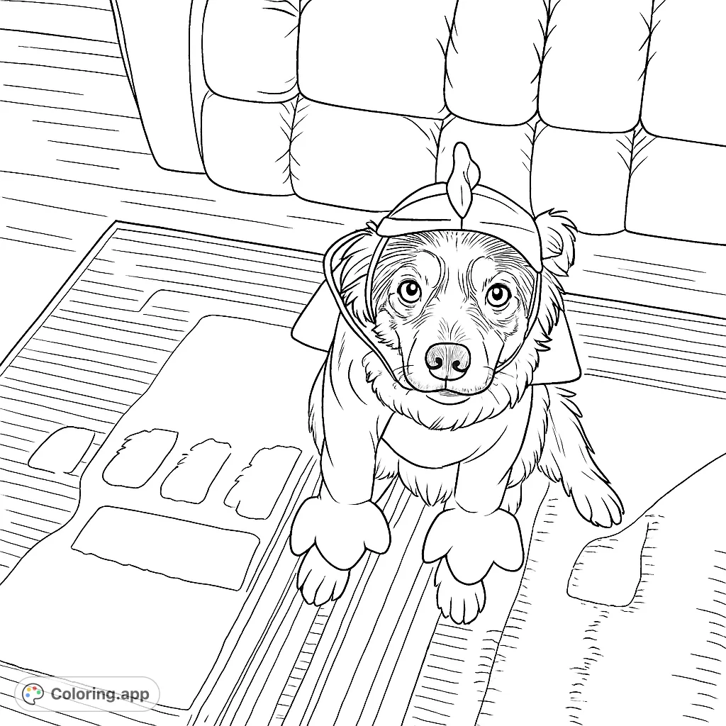 A charming dog dressed in a whimsical chicken costume, sitting playfully on a patterned rug. A fun and adorable animal coloring page.