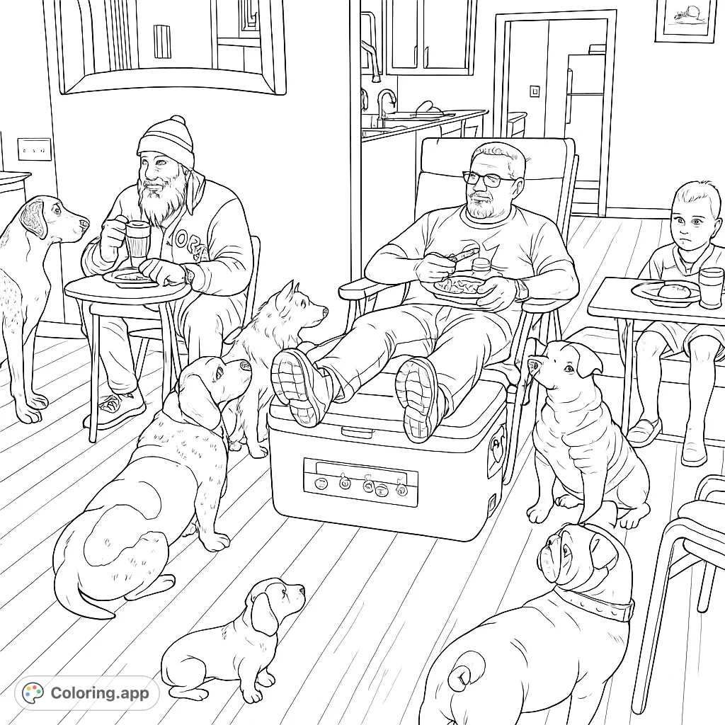 A lively family meal surrounded by a variety of attentive dogs, hoping for scraps. A heartwarming scene of companionship and shared moments.
