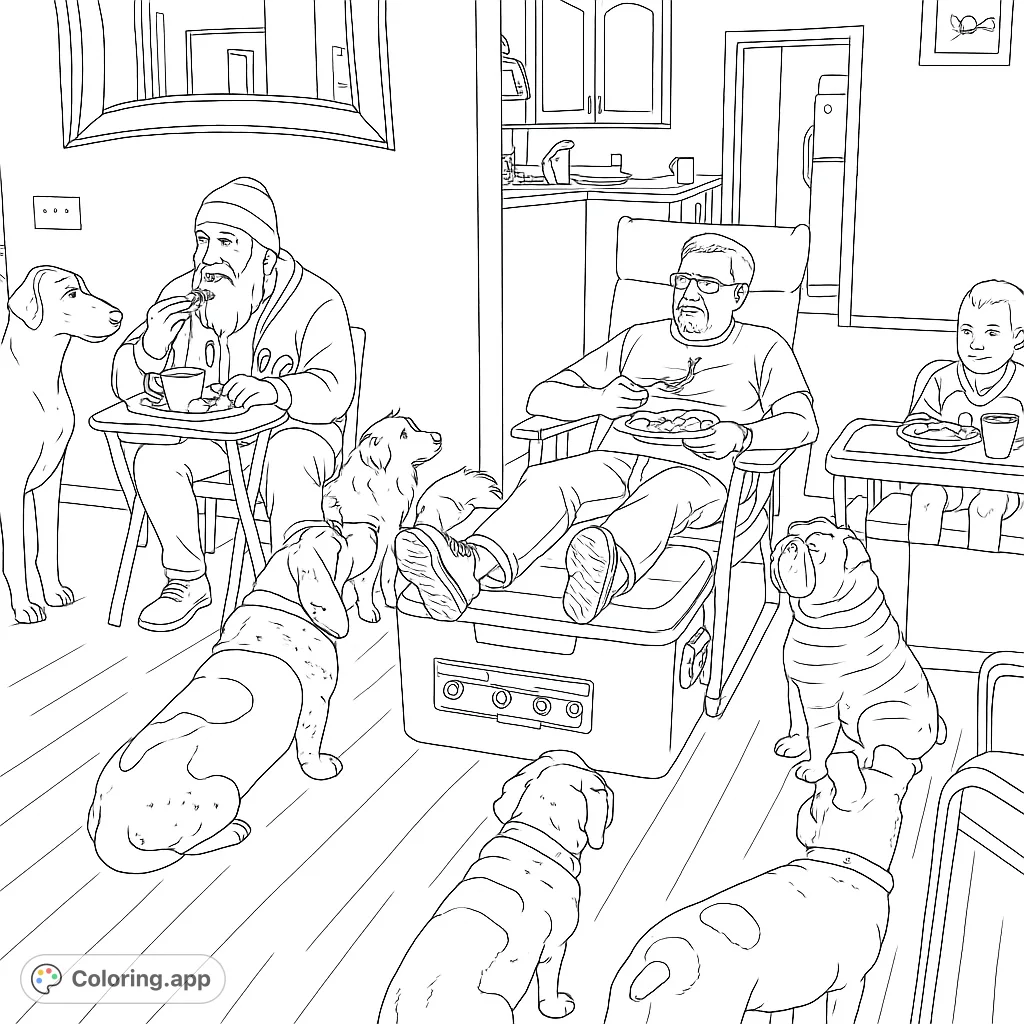 A lively family meal surrounded by a variety of attentive dogs, hoping for scraps. A heartwarming scene of companionship and shared moments.