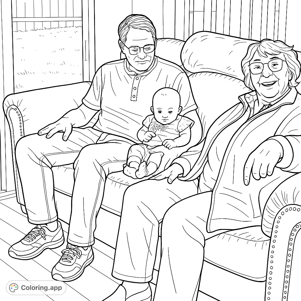 A heartwarming family scene featuring a grandfather holding a baby, with a grandmother seated beside them on a cozy sofa. Perfect for all ages.