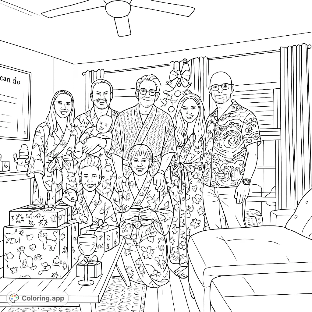 A heartwarming family gathering featuring seven people, a baby, and a dog, surrounded by festive gifts and a decorated tree. Perfect for celebrating togetherness.