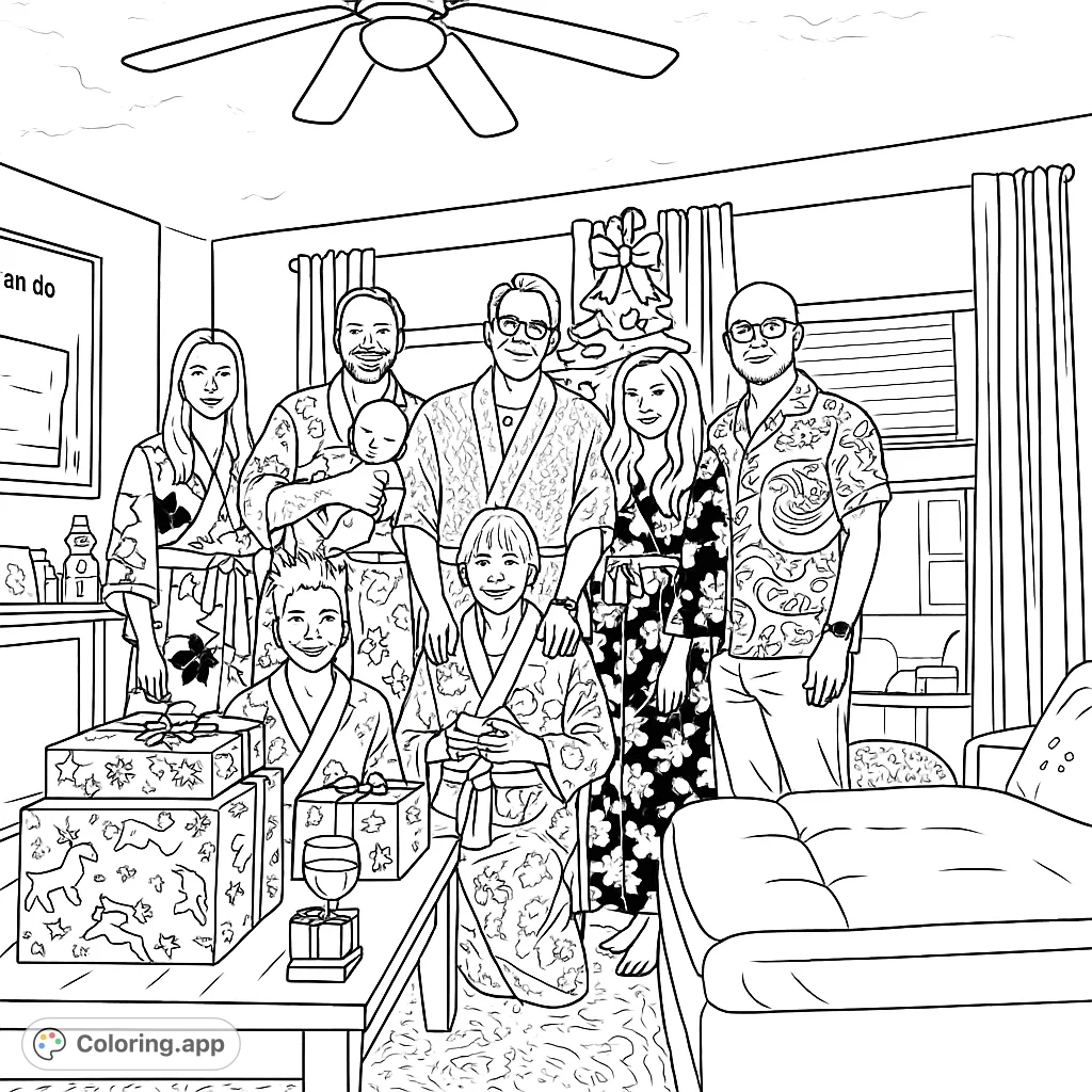 A heartwarming family portrait featuring a multi-generational group, a baby, and a dog, gathered around a festive tree with presents.