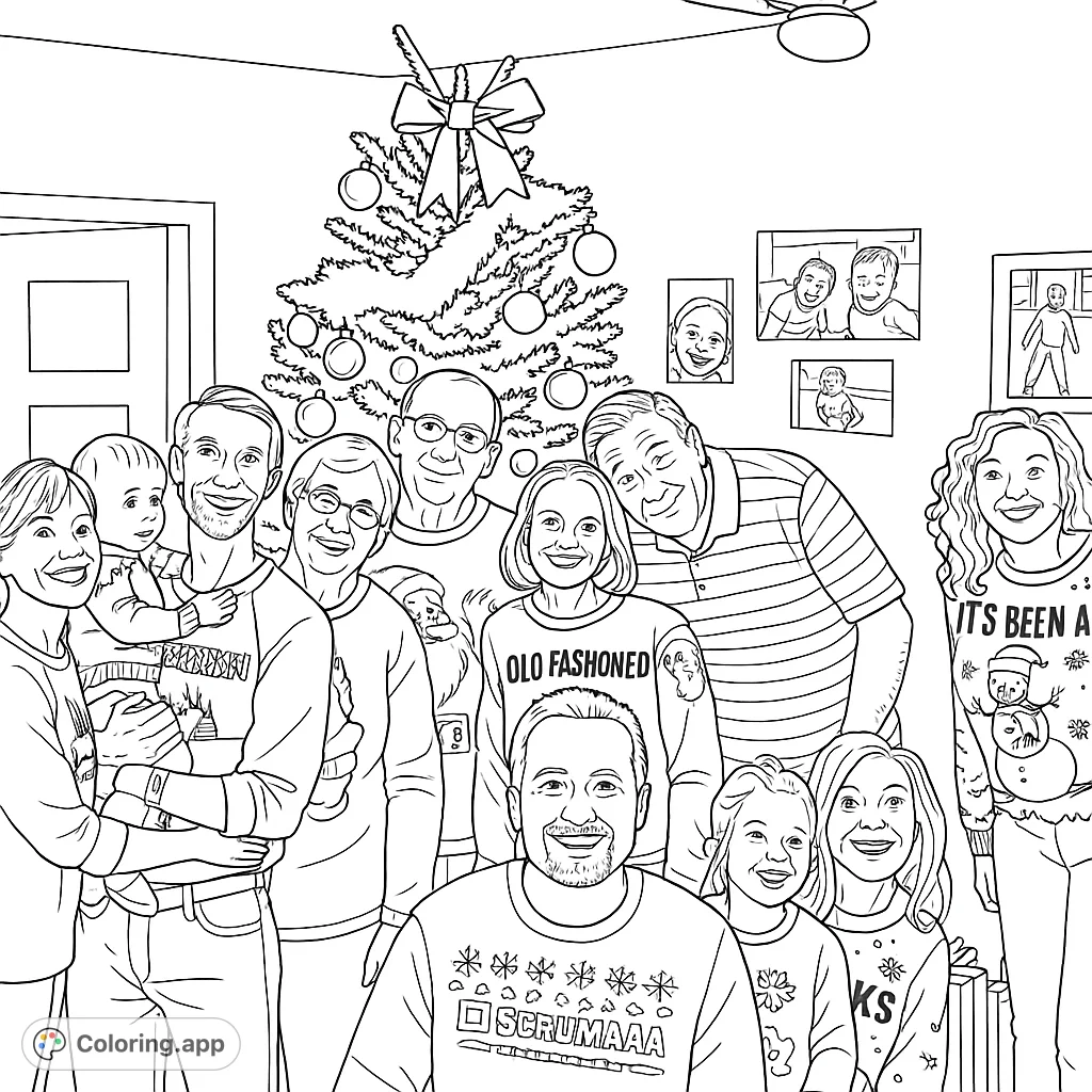A heartwarming coloring page featuring a large, smiling family gathered around a decorated holiday tree, perfect for festive coloring fun.