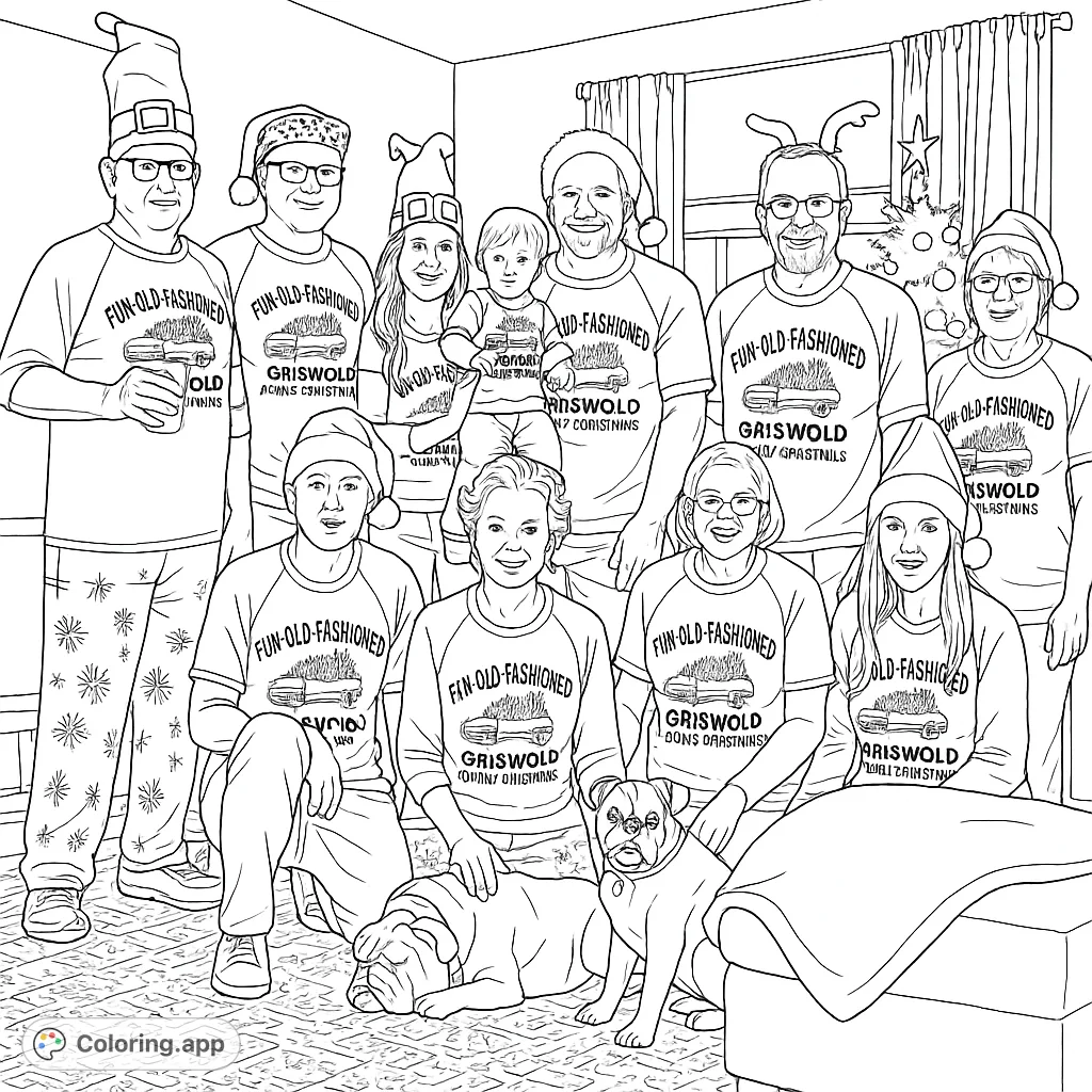 Celebrate the holidays with this joyful family portrait coloring page! Featuring a large group, festive attire, and beloved pets, perfect for seasonal fun.