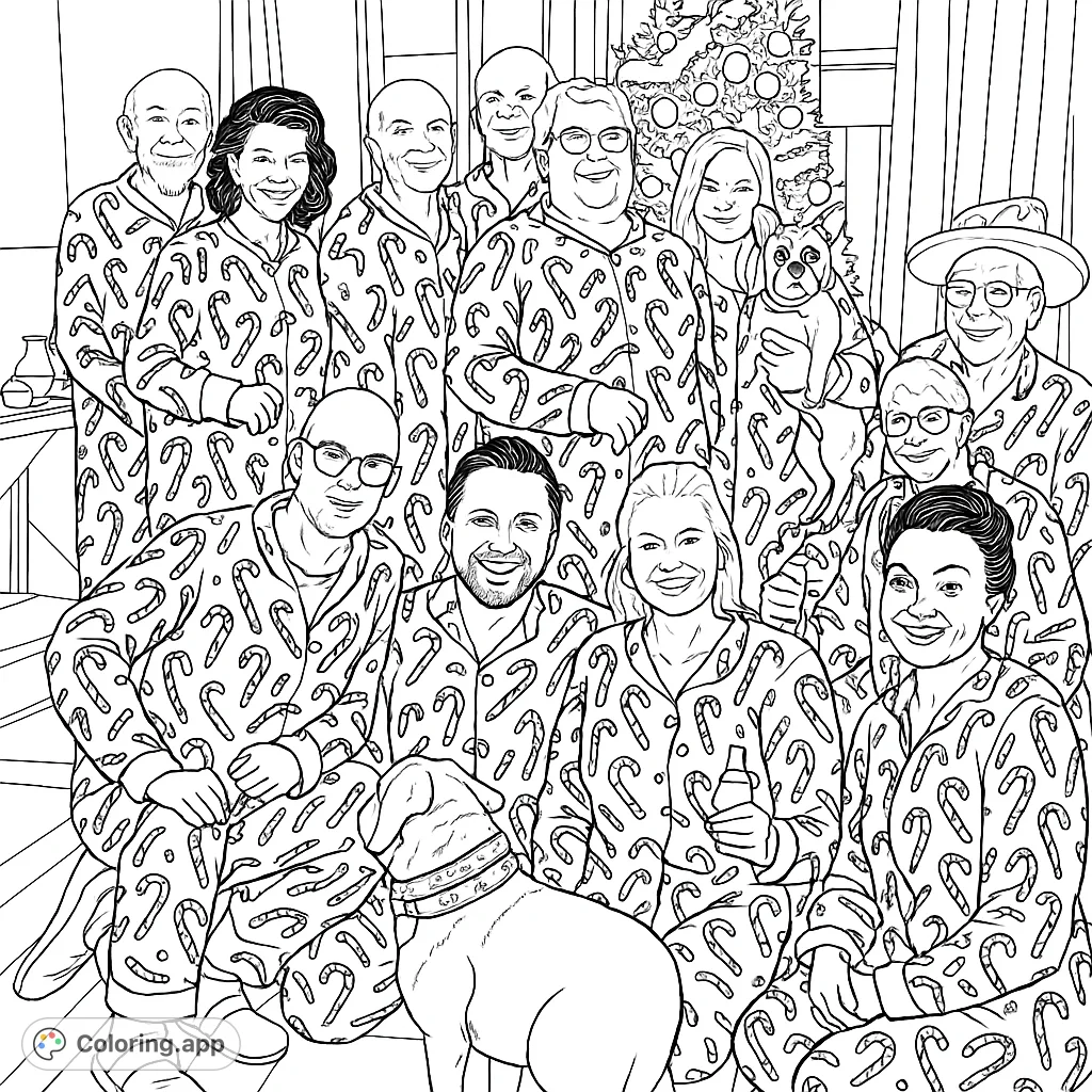 Join a joyful family in matching candy cane pajamas, celebrating with their beloved dogs and a festive tree. A heartwarming holiday scene ready for your creative touch!