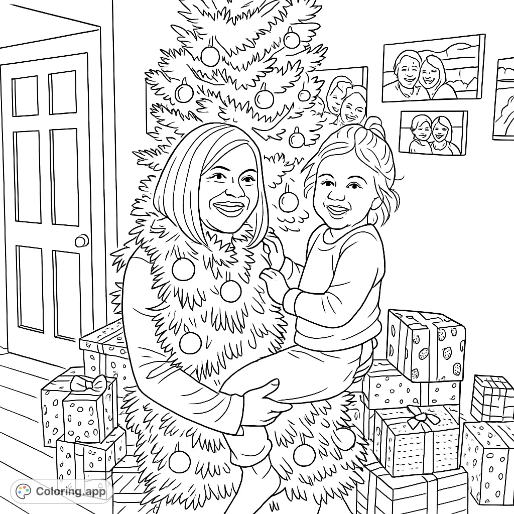 A joyful scene featuring a woman in a unique tree costume holding a laughing child, surrounded by a decorated tree and festive gifts. Perfect for holiday fun!