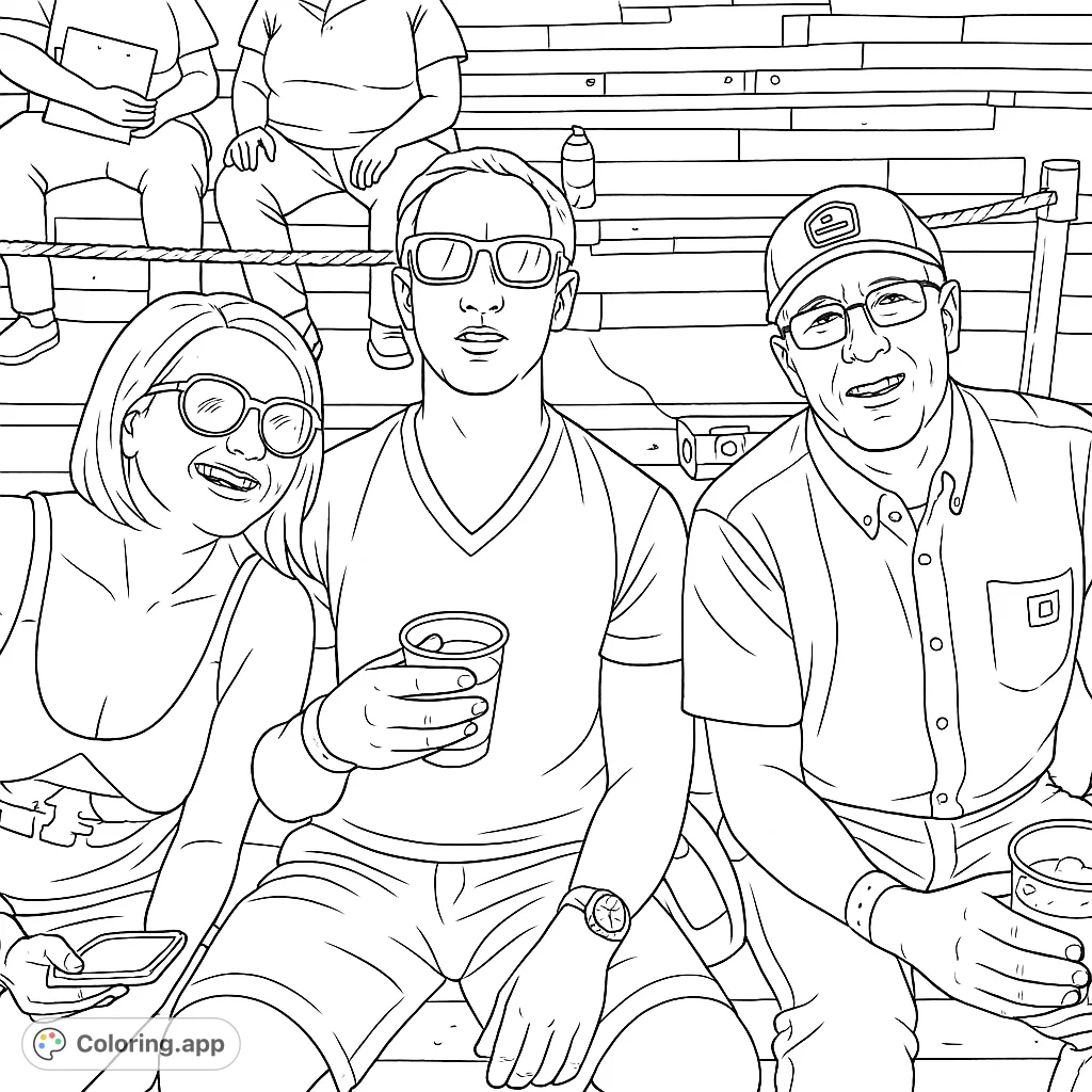 Capture a moment of friends enjoying an outdoor event. This coloring page features three individuals with detailed clothing and accessories, set against a backdrop of tiered seating.