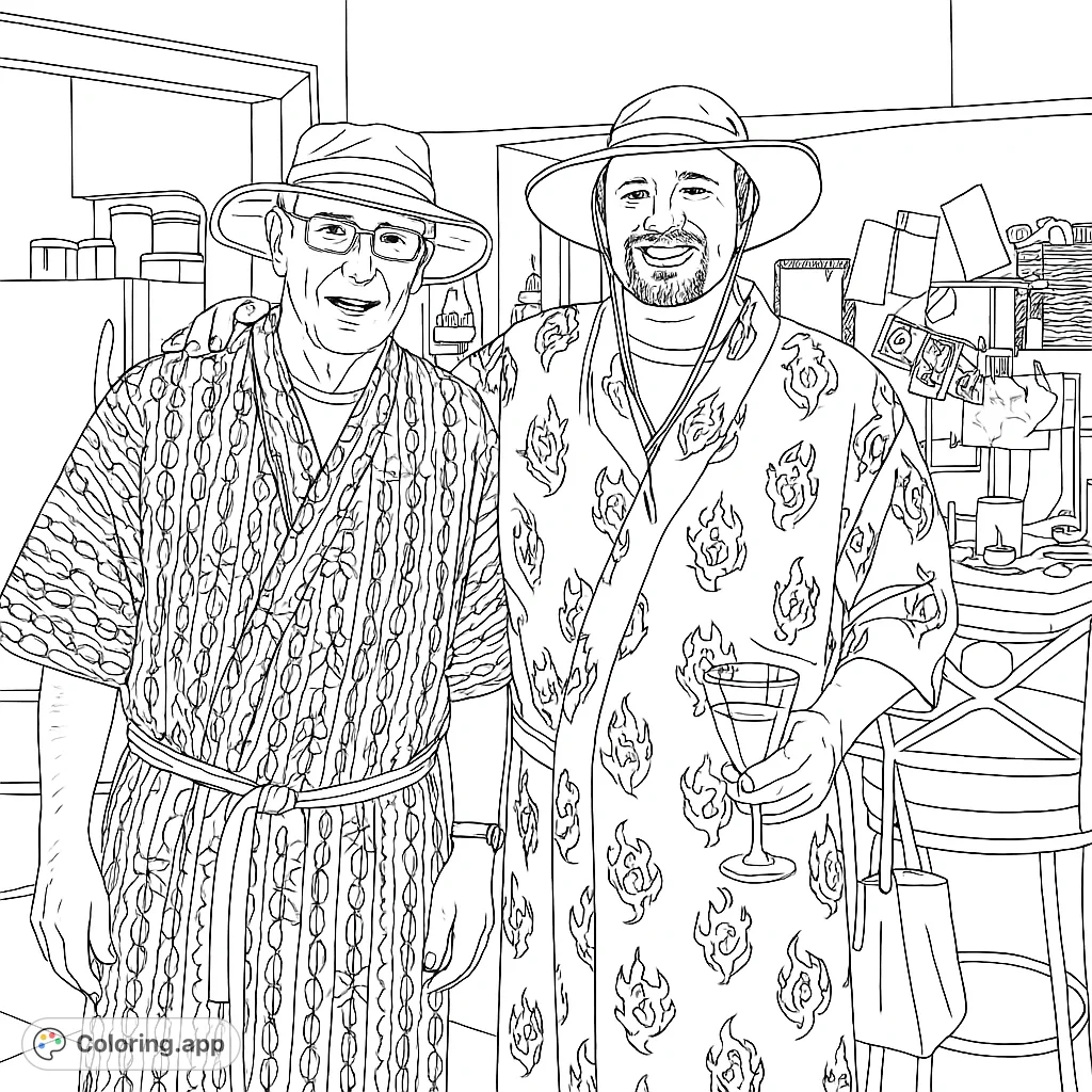 Two smiling men in unique patterned robes and hats, sharing a moment. A fun and detailed coloring page for all ages, perfect for creative expression.