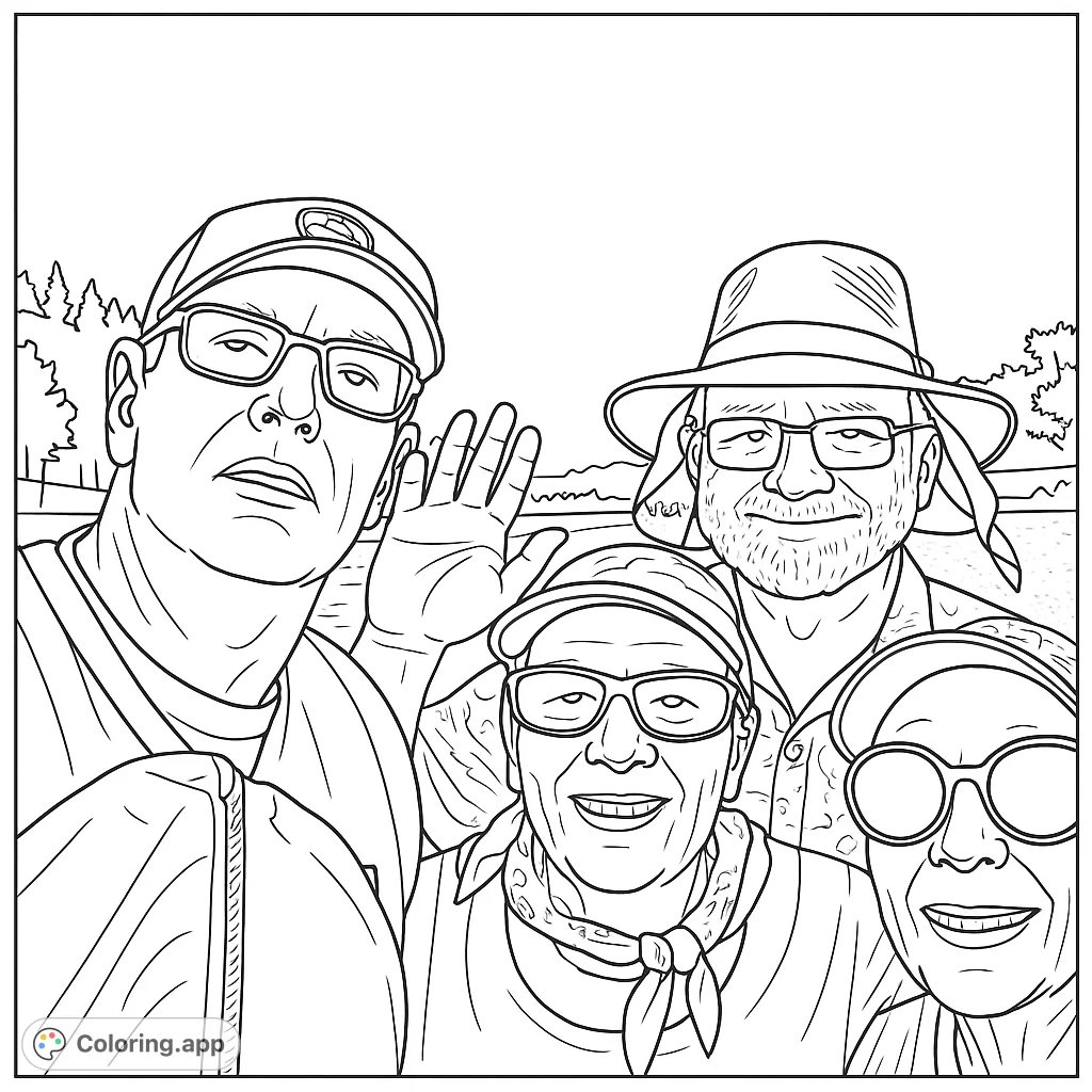 Capture a joyful outdoor moment with friends by the river. This group selfie coloring page features four smiling individuals and a scenic natural backdrop.