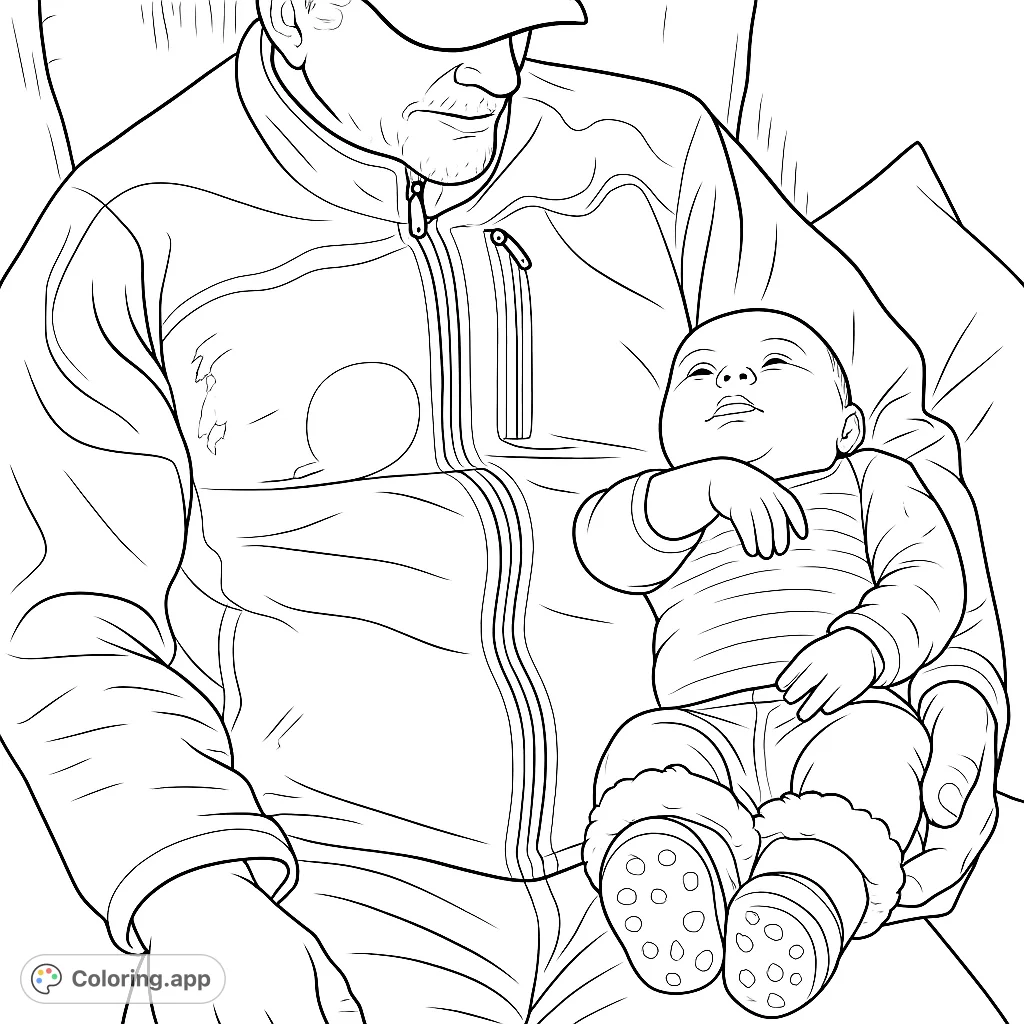Capture a tender moment between an adult and a baby. This heartwarming coloring page features a cozy embrace, perfect for celebrating family bonds and new beginnings.