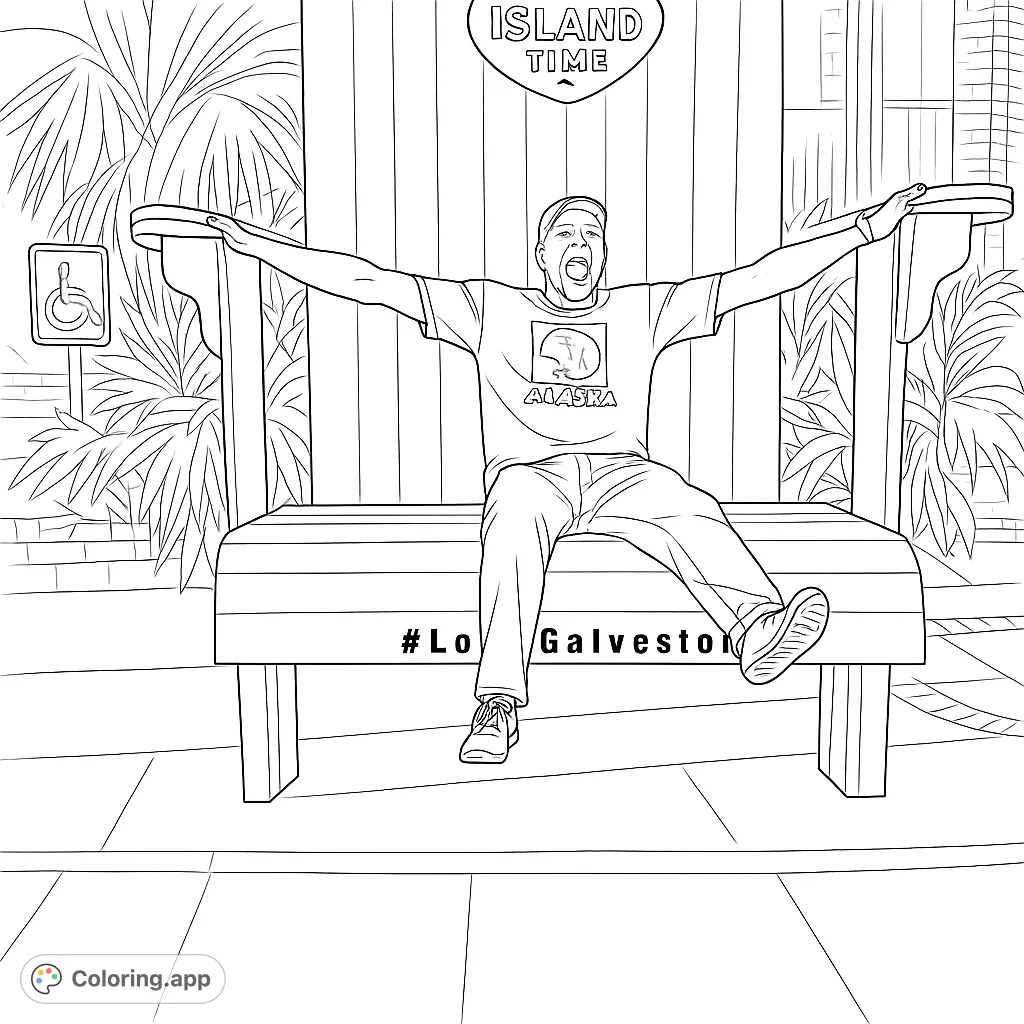 Experience the joy of sitting on a colossal Adirondack chair! This fun coloring page features a person enjoying an oversized seat amidst lush plants.