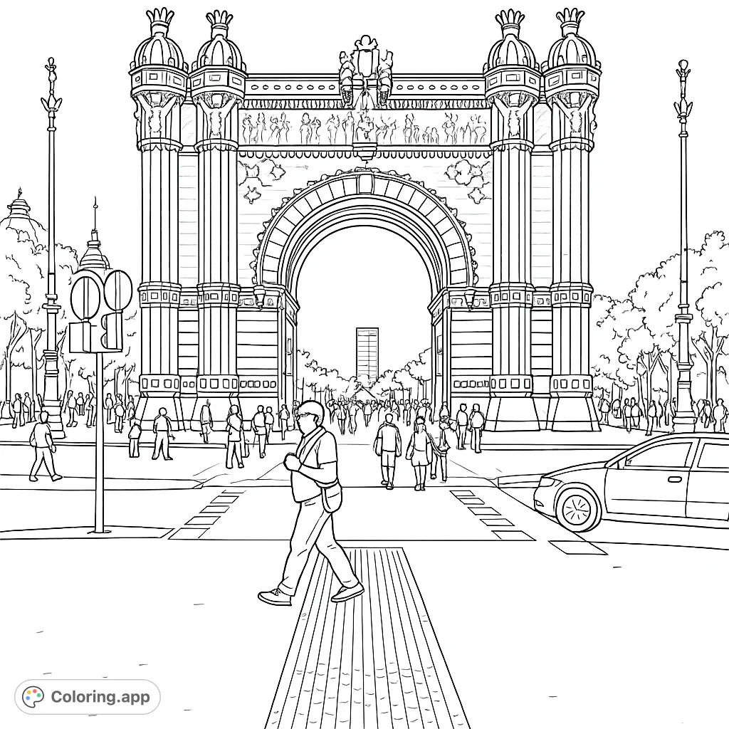 Color a majestic archway with intricate details, bustling city life, and a tree-lined boulevard. A captivating urban scene.