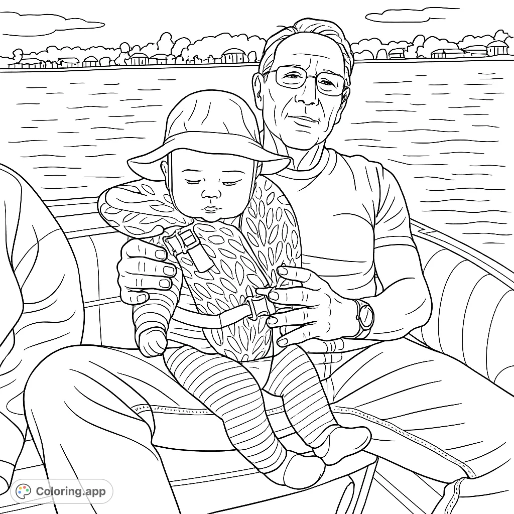 A heartwarming scene of a grandparent holding a baby on a boat, enjoying a peaceful day on the water with distant homes and trees.