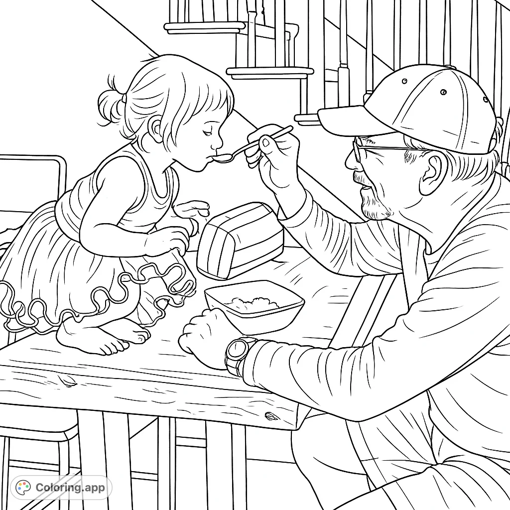 A heartwarming scene of a grandparent feeding a child, capturing a tender family moment. Perfect for a family bonding coloring page.