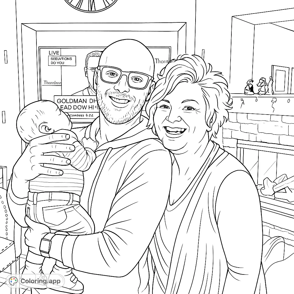 A heartwarming family portrait featuring a smiling couple and their baby, set in a cozy home. Perfect for celebrating family bonds.