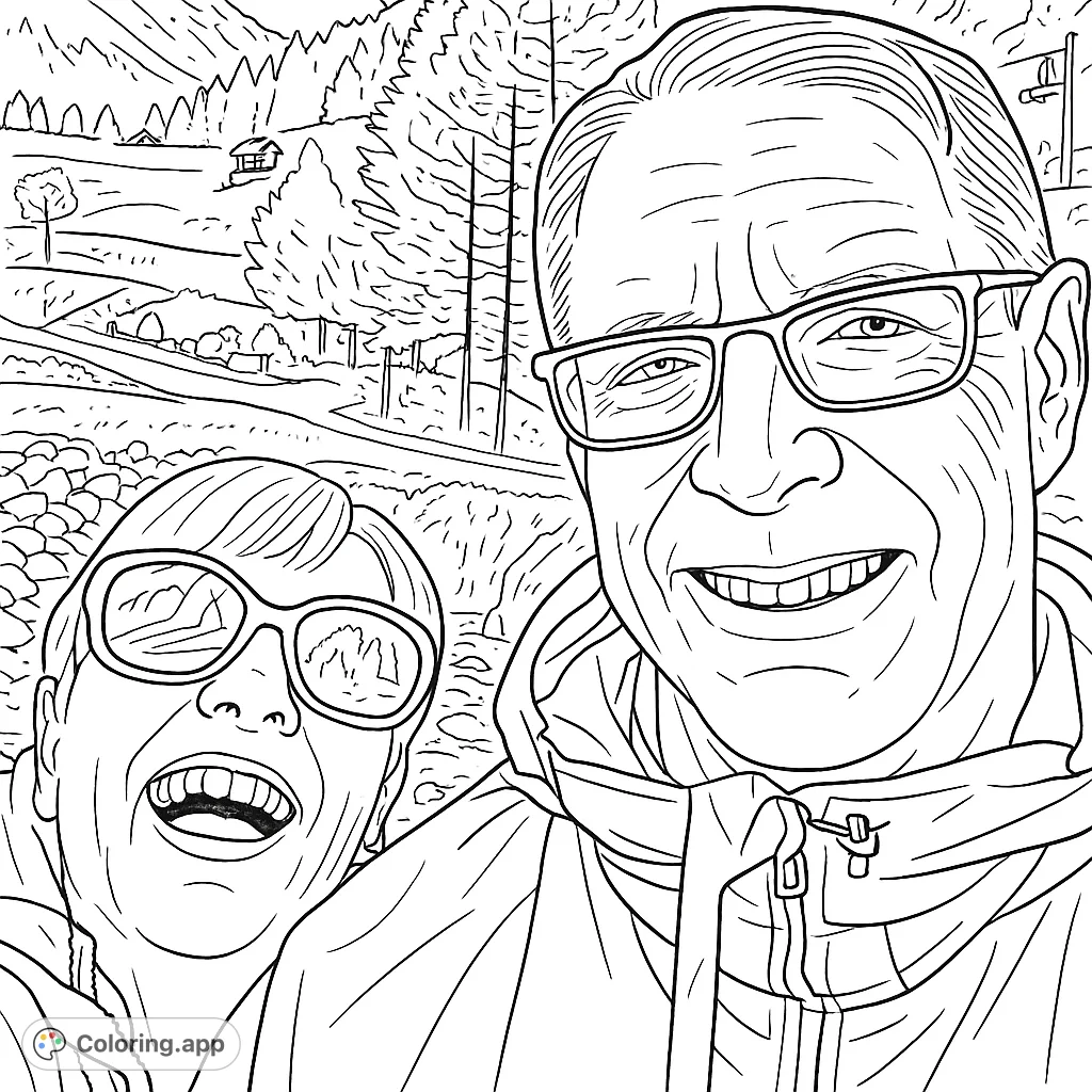 A joyful mountain selfie featuring two smiling individuals against a scenic backdrop of towering peaks, dense trees, and a winding river. Perfect for a relaxing coloring session.